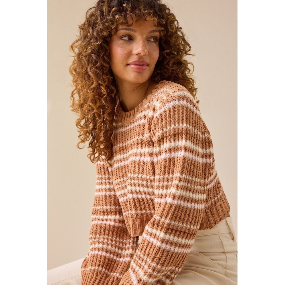 Altar'd State Tan Pink White Striped Ribbed Knit Sweater Size Medium